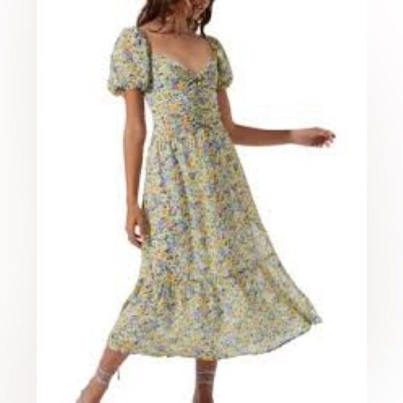 ASTR the Label Irma Puff Sleeve Dress Midi Yellow Blue Floral XS NWT - Picture 1 of 9